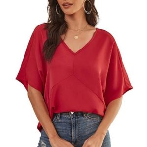 NWT Red V Neck Batwing Short Sleeve Chiffon Blouse